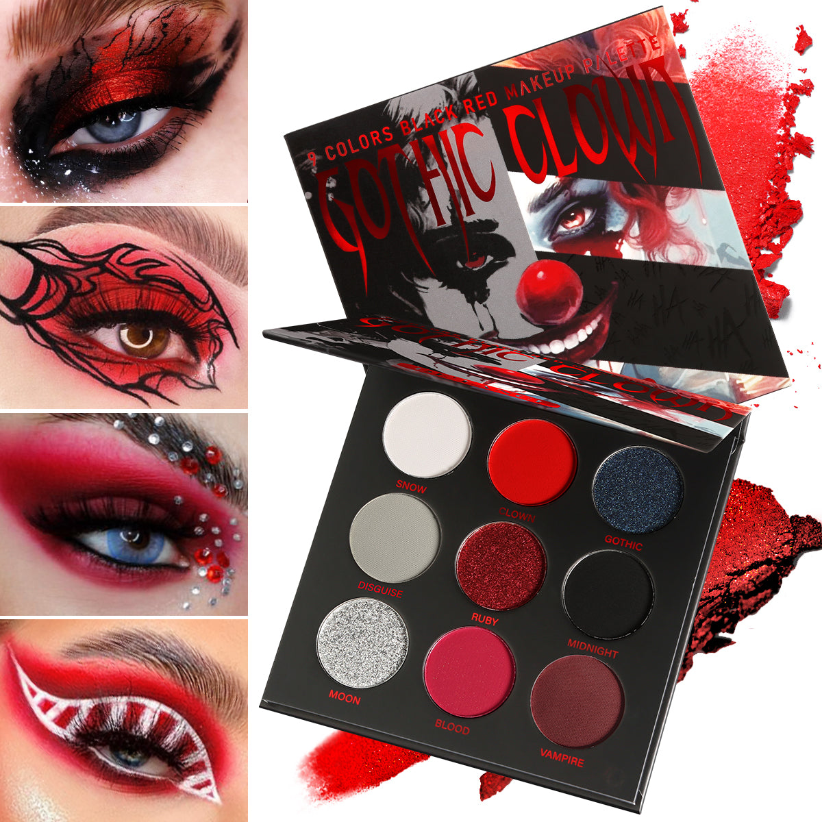 Halloween Goth Clown Glitter Metallic Red Black Eyeshadow Palette